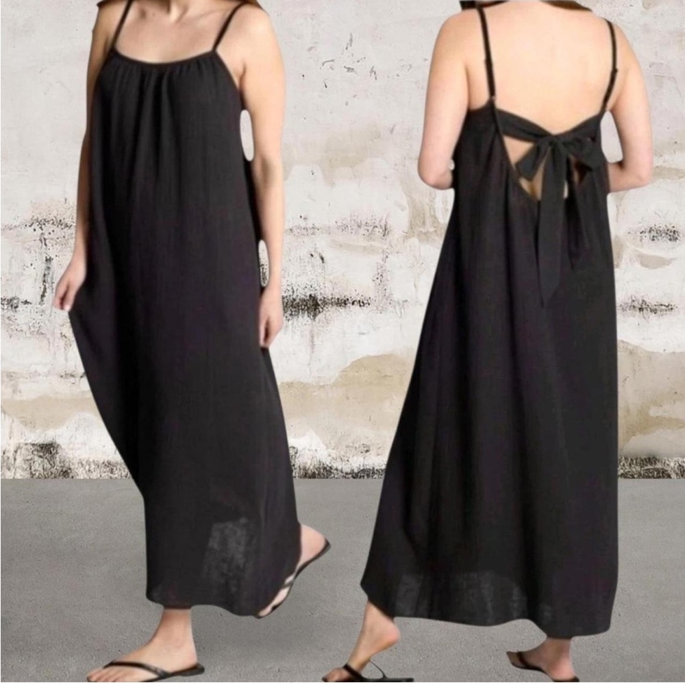 Sol Angeles Long Gauzy Maxi Dress Black XS/S Tieback